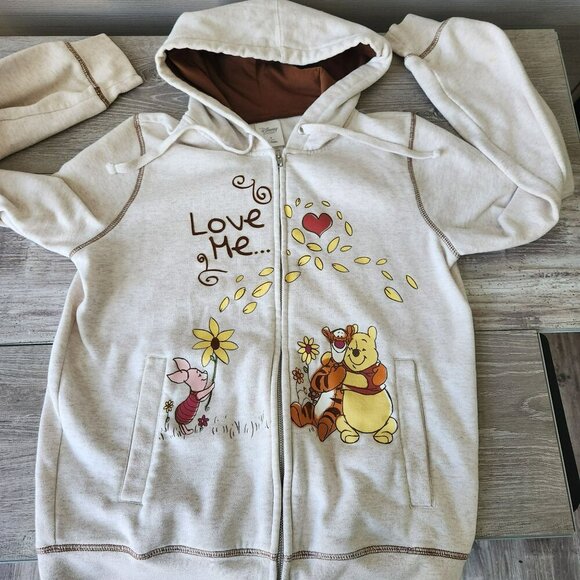 Disney Winnie The Pooh Hoodie Love Me Love Me Not Zip Medium Cream Sweatshirt - Picture 1 of 16